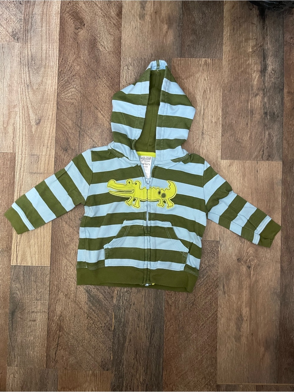 child of mine Green & Light Blue Striped Hoodie with Yellow Crocodile